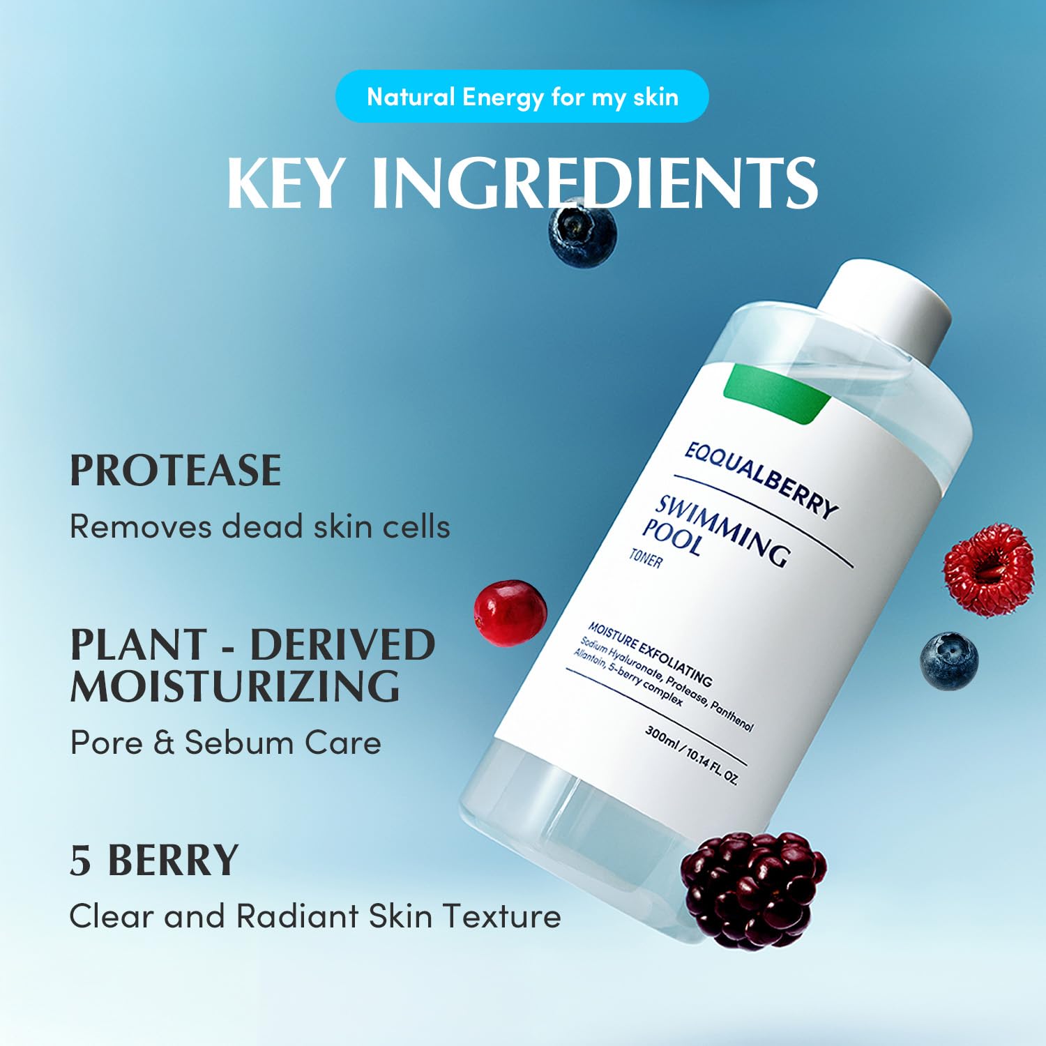 EQQUALBERRY Swimming Pool Toner 300ml Hydrating and Calming Facial Toner for Pore Refinement and Mild Exfoliation, Ideal for All Skin Types from Dry to Oily