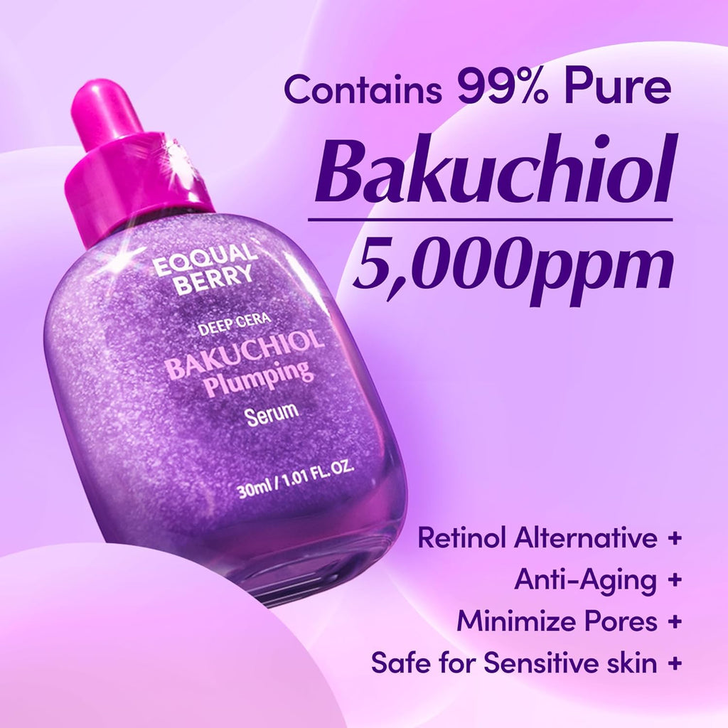 EQQUALBERRY Bakuchiol Plumping Serum: Pore & Wrinkle Minimiser, Retinol Alternative for Sensitive Skin, Enhances Strength & Elasticity with Ceramide, 30 ml