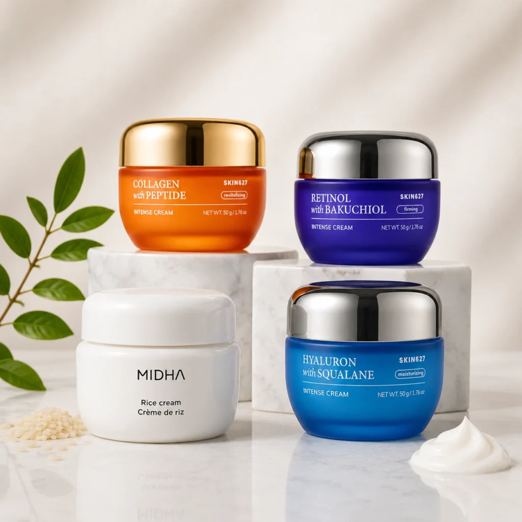 Selecție de creme pentru față cu acid hialuronic, squalan, colagen, peptide, retinol, bakuchiol și extract de orez