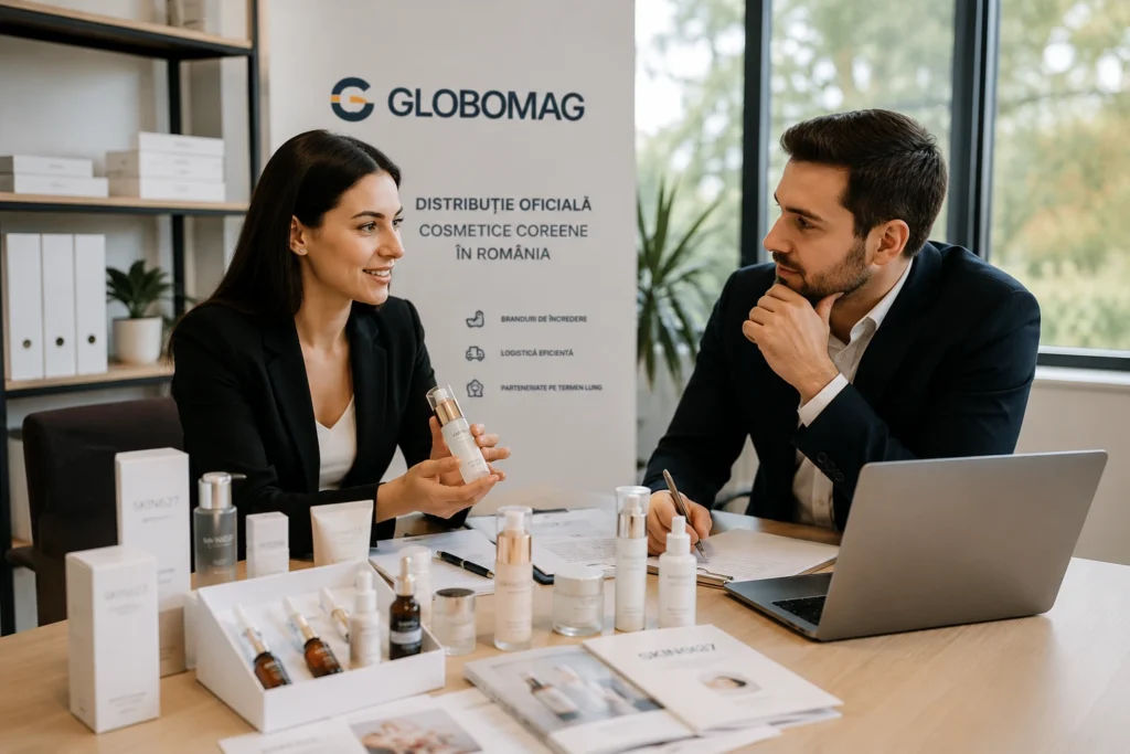 Reprezentanți Globo Mag discutând oportunități de distribuție pentru branduri de cosmetice coreene în România.